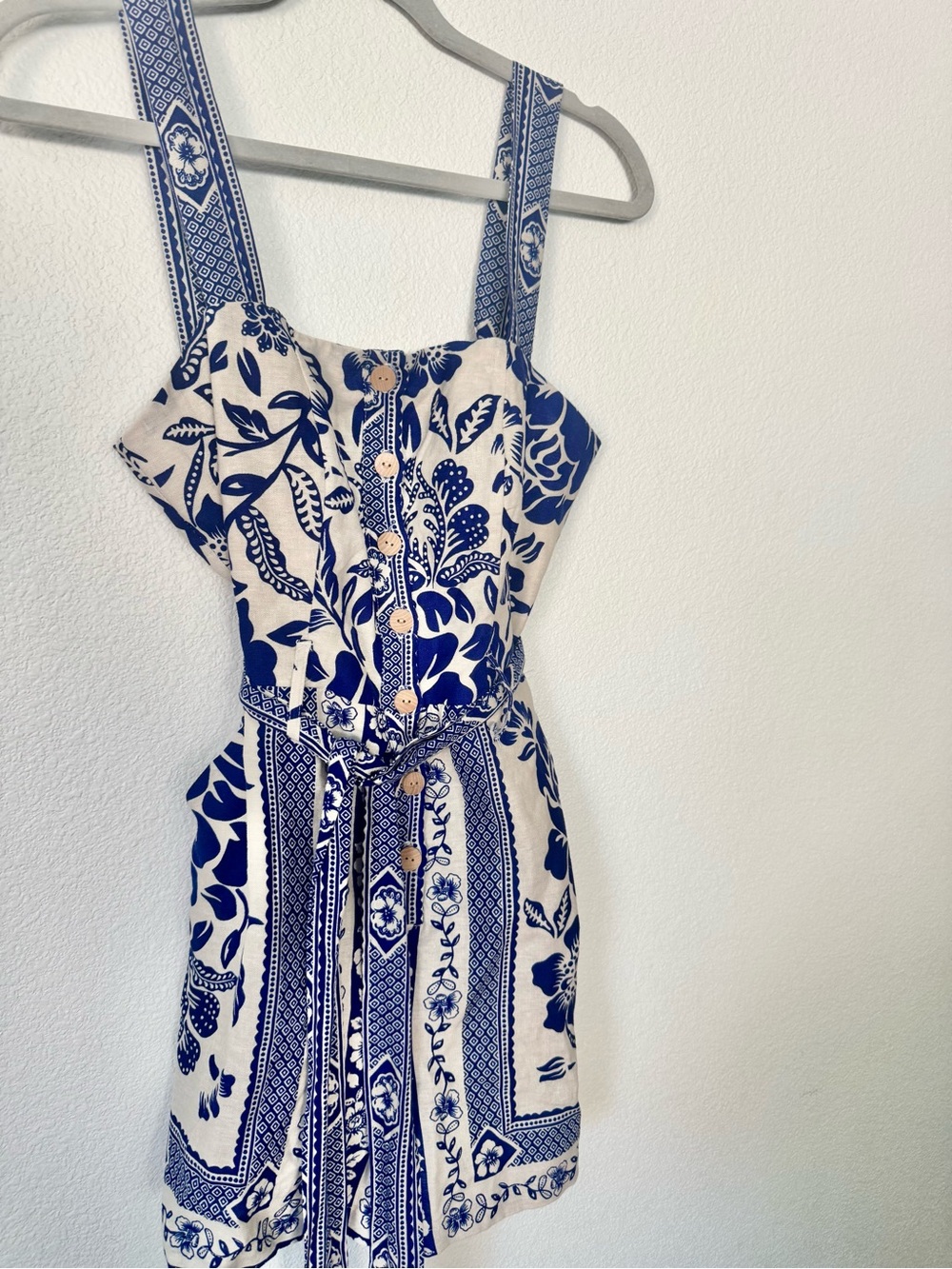 Rachel Zoe Cream and Navy Blue Floral Tie-Waist Romper